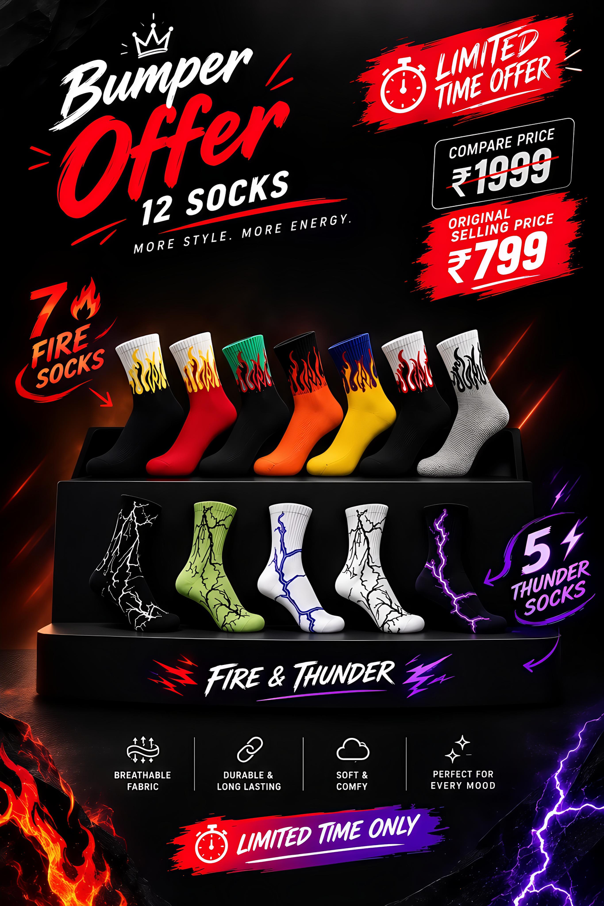 FLAME + BOLD LIGHTNING CREW SOCKS (PACK OF 12)