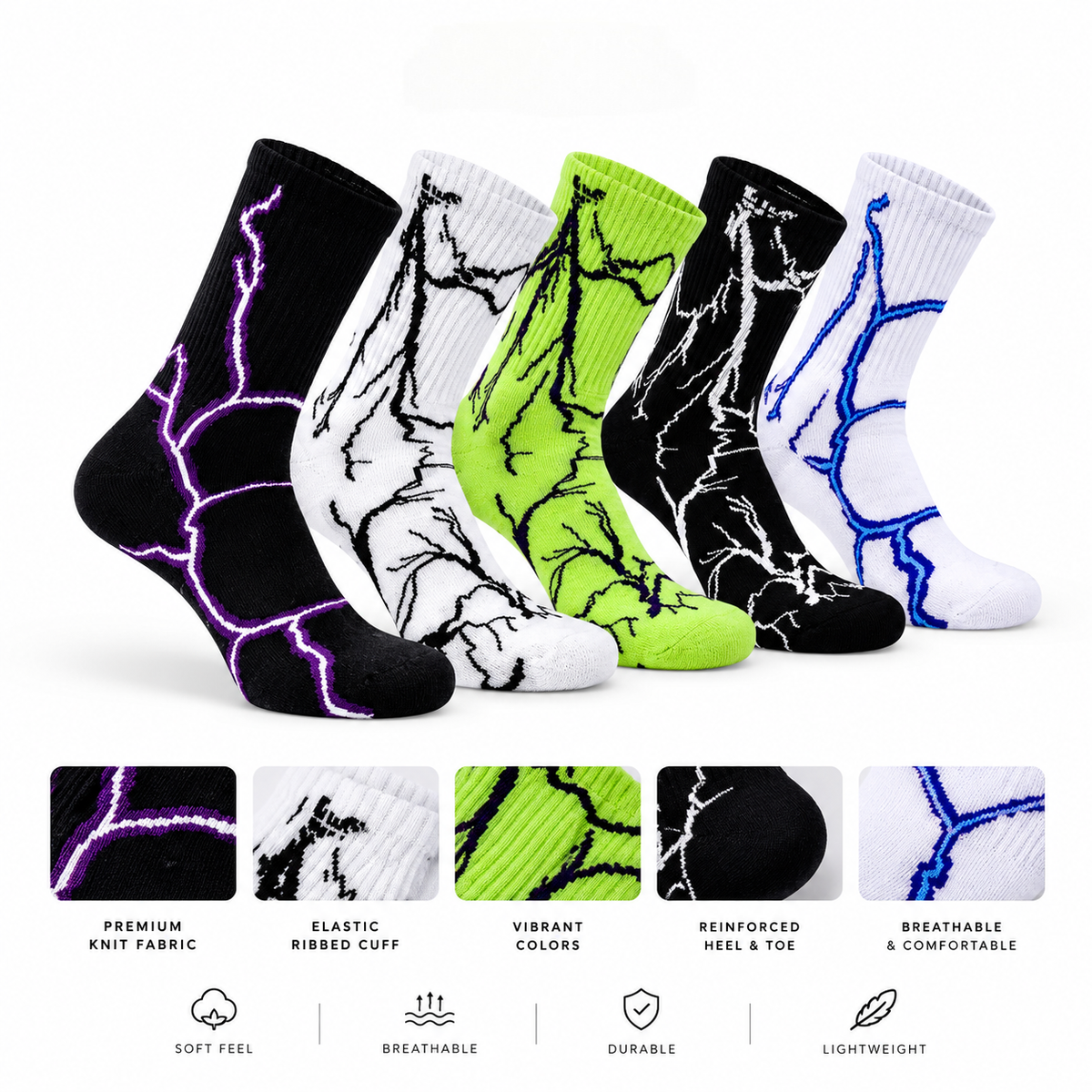 BOLD LIGHTNING CREW SOCKS (PACK OF 5)